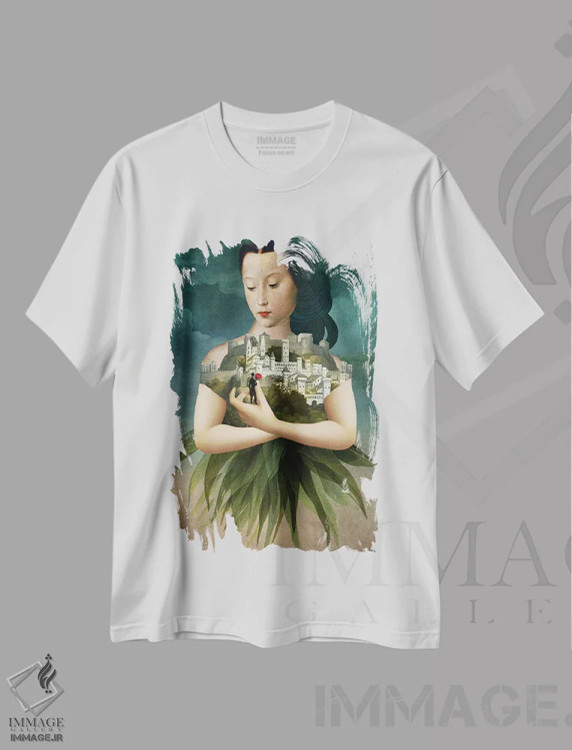 تیشرت سفید طرح دار شوالیه گل سرخ، هنر فاخر معاصر اثر کاترین ولز-استاین | فروشگاه ایماژ