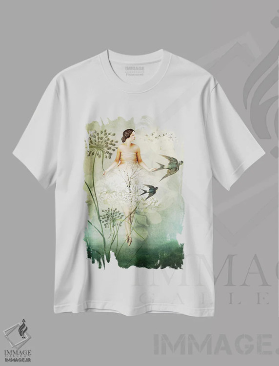 تیشرت سفید طرح دار عبور پروازی، هنر فاخر معاصر اثر کاترین ولز-استاین | immage.ir