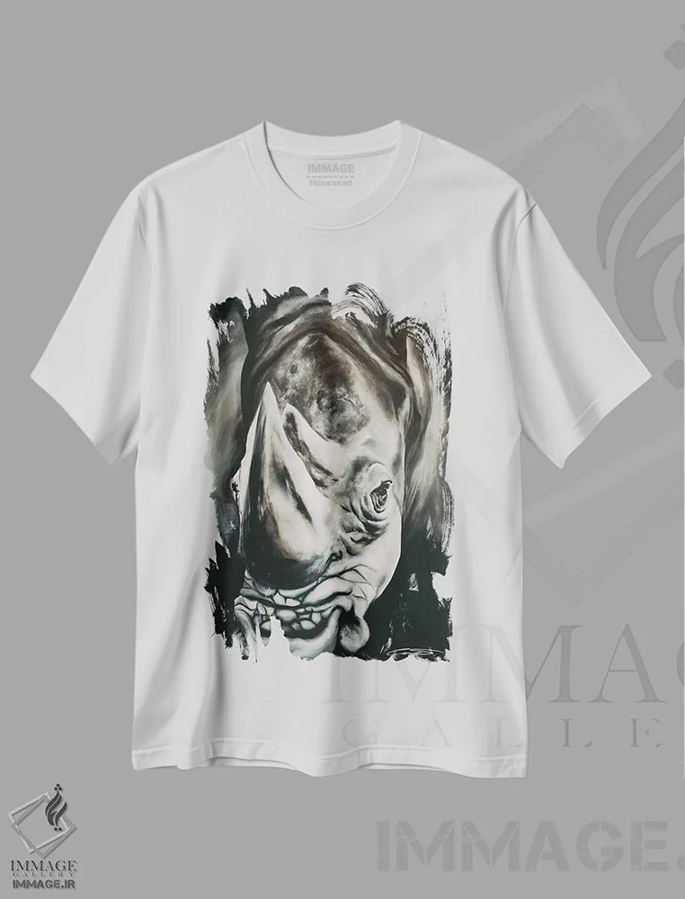 تیشرت سفید طرح دار کرگدن ۲، هنر فاخر معاصر اثر چنس وات | فروشگاه ایماژ