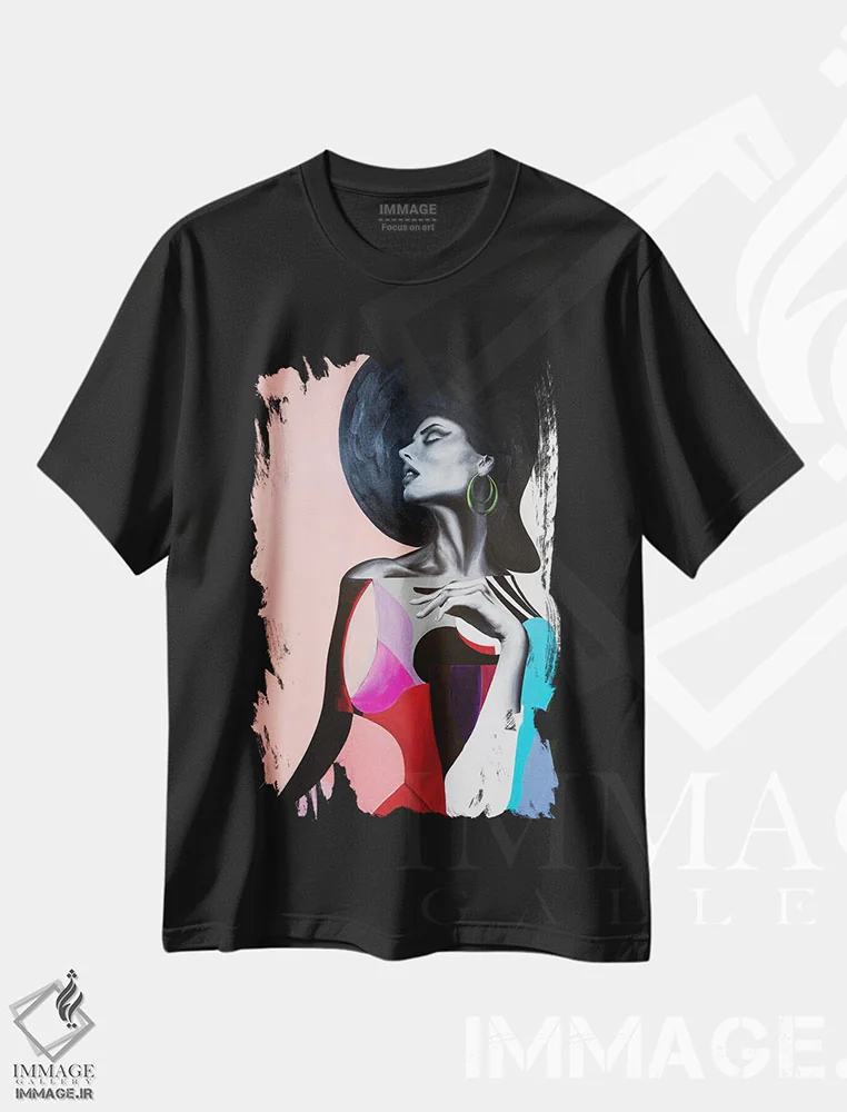 تیشرت مشکی طرح دار زن با گوشواره سبز، هنر فاخر معاصر اثر چنس وات | فروشگاه ایماژ