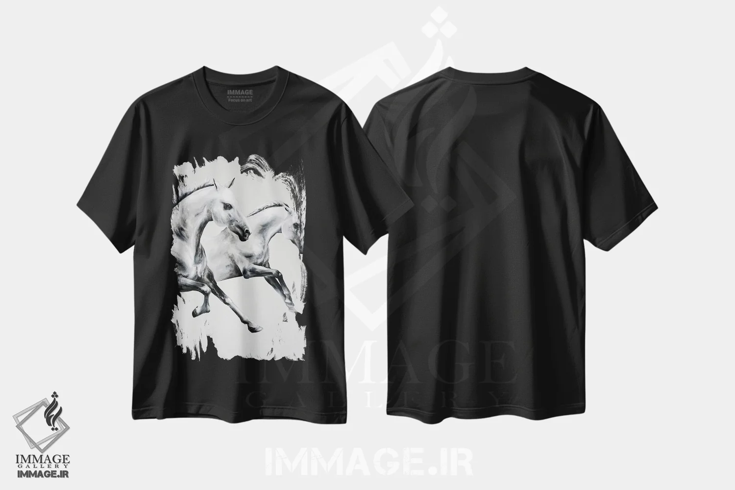 تیشرت مشکی طرح دار مسابقه اسب سواری، هنر فاخر معاصر اثر چنس وات | فروشگاه ایماژ