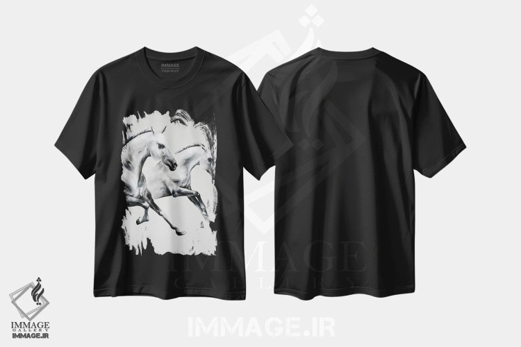 تیشرت مشکی طرح دار مسابقه اسب سواری، هنر فاخر معاصر اثر چنس وات | فروشگاه ایماژ