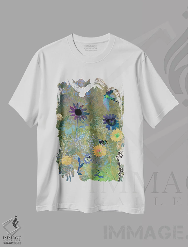تیشرت سفید طرح دار گل دار، هنر دیجیتال اثر کلر وست وود | immage.ir