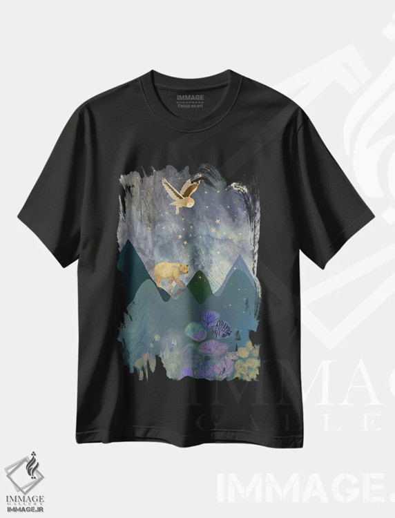 تیشرت مشکی طرح دار خرس و جغد، هنر دیجیتال اثر کلر وست وود | فروشگاه ایماژ