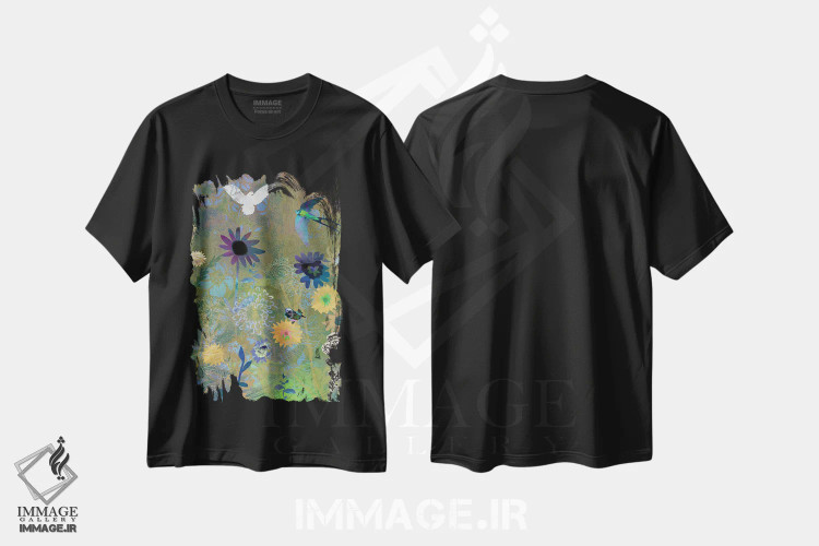 تیشرت مشکی طرح دار گل دار، هنر دیجیتال اثر کلر وست وود | فروشگاه ایماژ