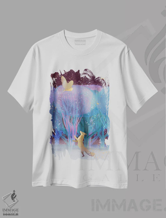 تیشرت سفید طرح دار آبی روباهی، هنر دیجیتال اثر کلر وست وود | فروشگاه ایماژ