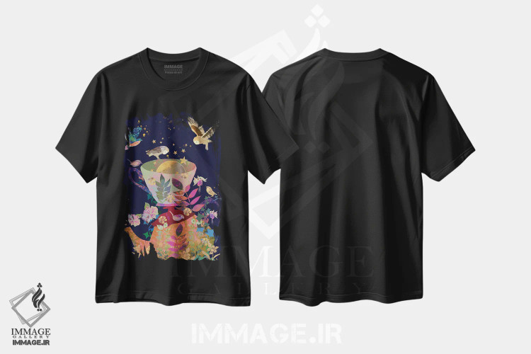 تیشرت مشکی طرح دار پُر تا لب، هنر دیجیتال اثر کلر وست وود | فروشگاه ایماژ