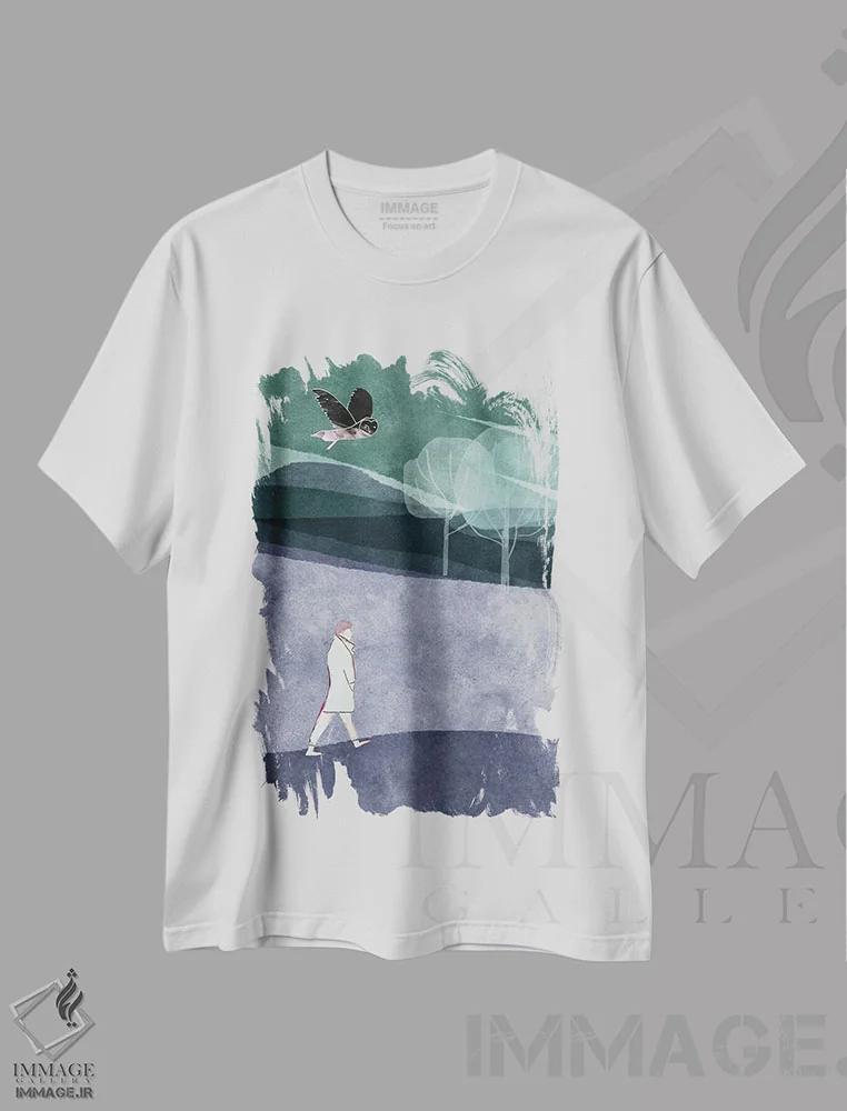 تیشرت سفید طرح دار او قدم می زند، هنر دیجیتال اثر کلر وست وود | immage.ir