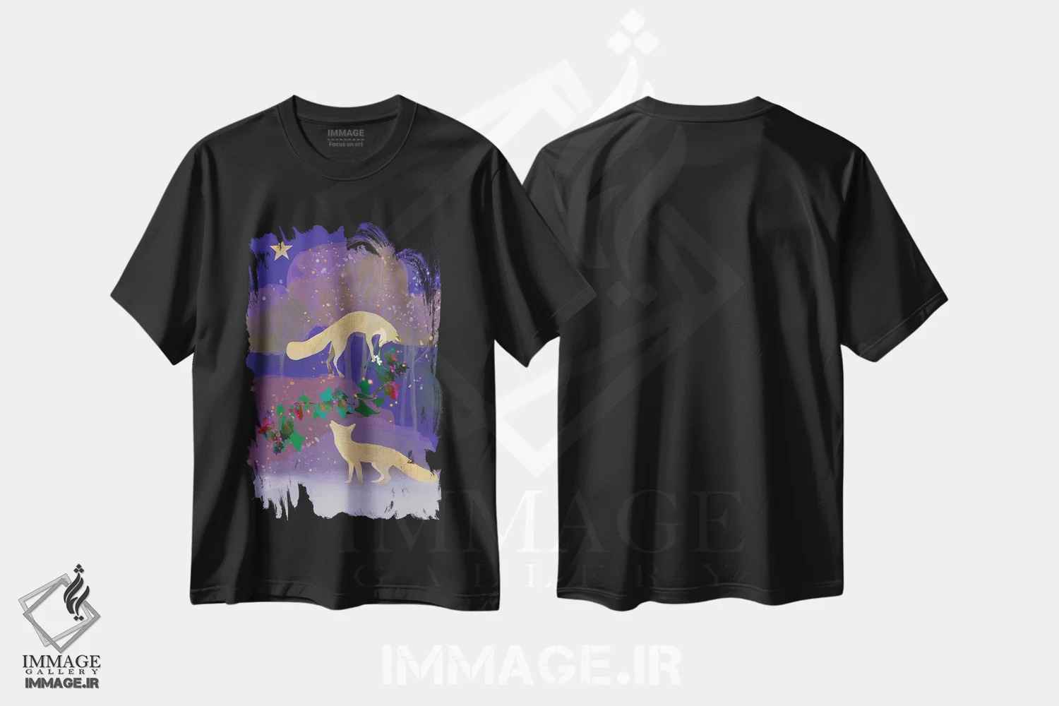 تیشرت مشکی طرح دار درخت خاس، هنر دیجیتال اثر کلر وست وود | فروشگاه ایماژ