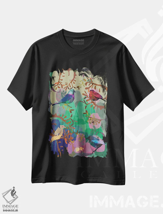 تیشرت مشکی طرح دار پرندگان فراوان، هنر دیجیتال اثر کلر وست وود | فروشگاه ایماژ