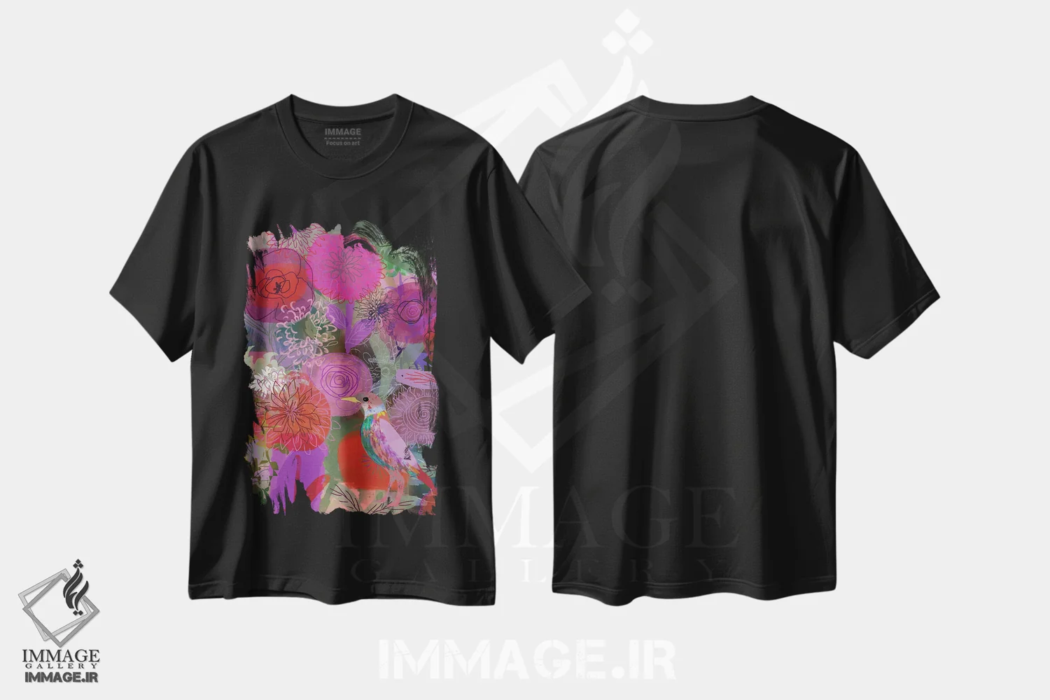 تیشرت مشکی طرح دار قرمز و صورتی، هنر دیجیتال اثر کلر وست وود | فروشگاه ایماژ