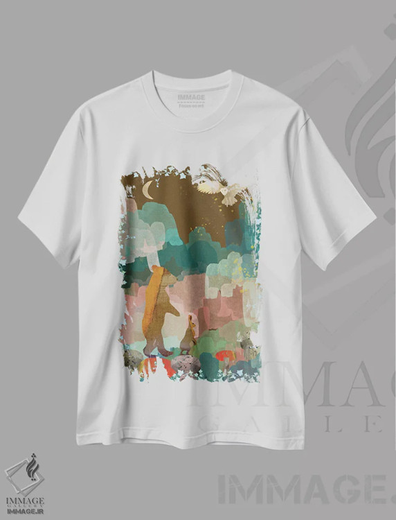 تیشرت سفید طرح دار خرس و خرگوش، هنر دیجیتال اثر کلر وست وود | فروشگاه ایماژ