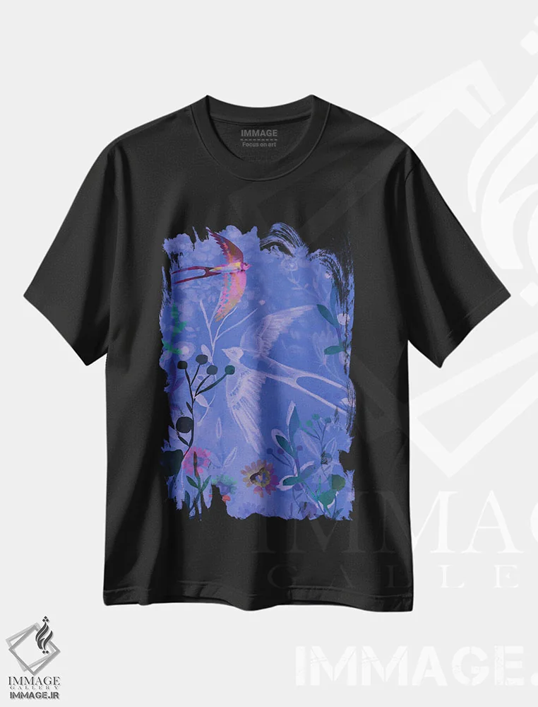 تیشرت مشکی طرح دار پرستو، هنر دیجیتال اثر کلر وست وود | فروشگاه ایماژ
