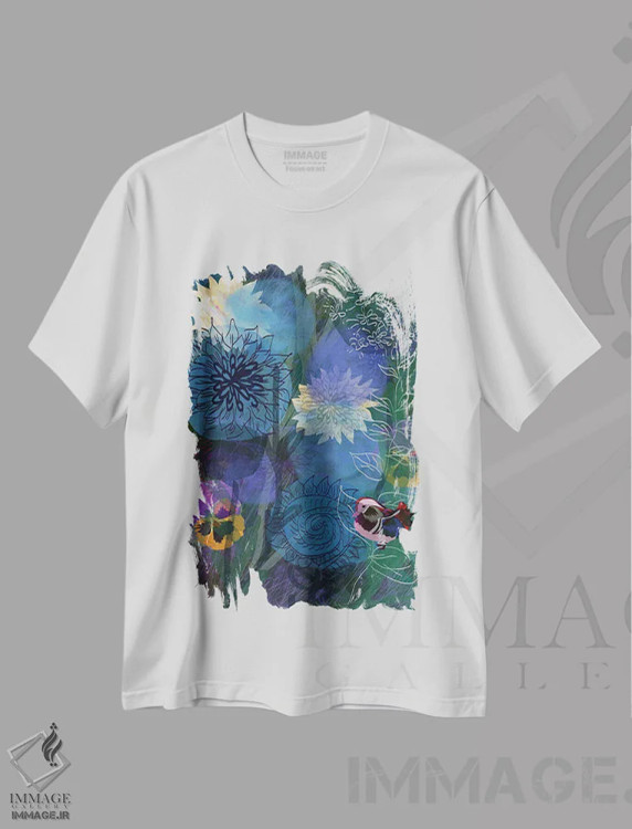 تیشرت سفید طرح دار آبی، آبستره اثر کلر وست وود | فروشگاه ایماژ