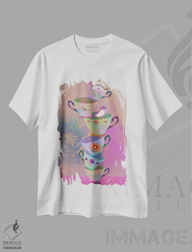 تیشرت سفید طرح دار فنجان چای، هنر دیجیتال اثر کلر وست وود | immage.ir