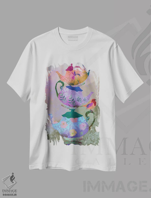 تیشرت سفید طرح دار قوری، هنر دیجیتال اثر کلر وست وود | فروشگاه ایماژ