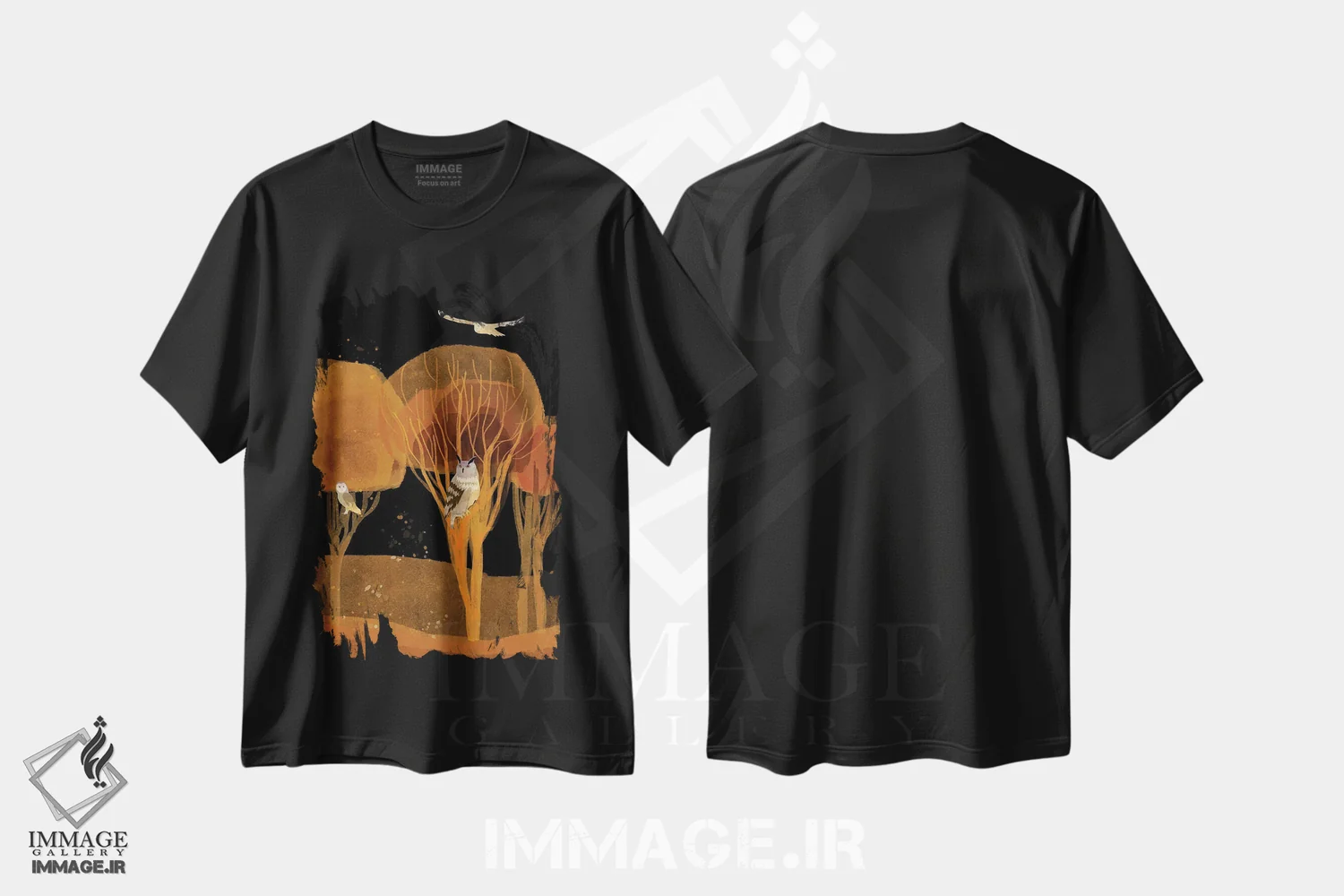 تیشرت مشکی طرح دار سه جغد، هنر دیجیتال اثر کلر وست وود | فروشگاه ایماژ
