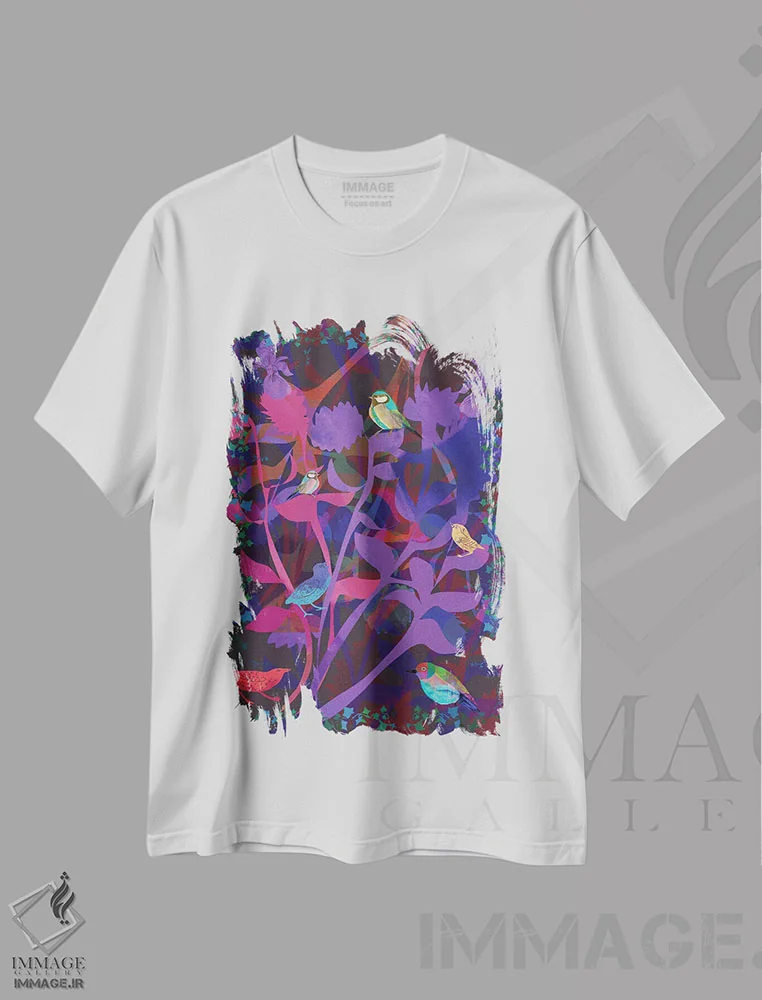 تیشرت سفید طرح دار درخت پرندگان، هنر دیجیتال اثر کلر وست وود | فروشگاه ایماژ