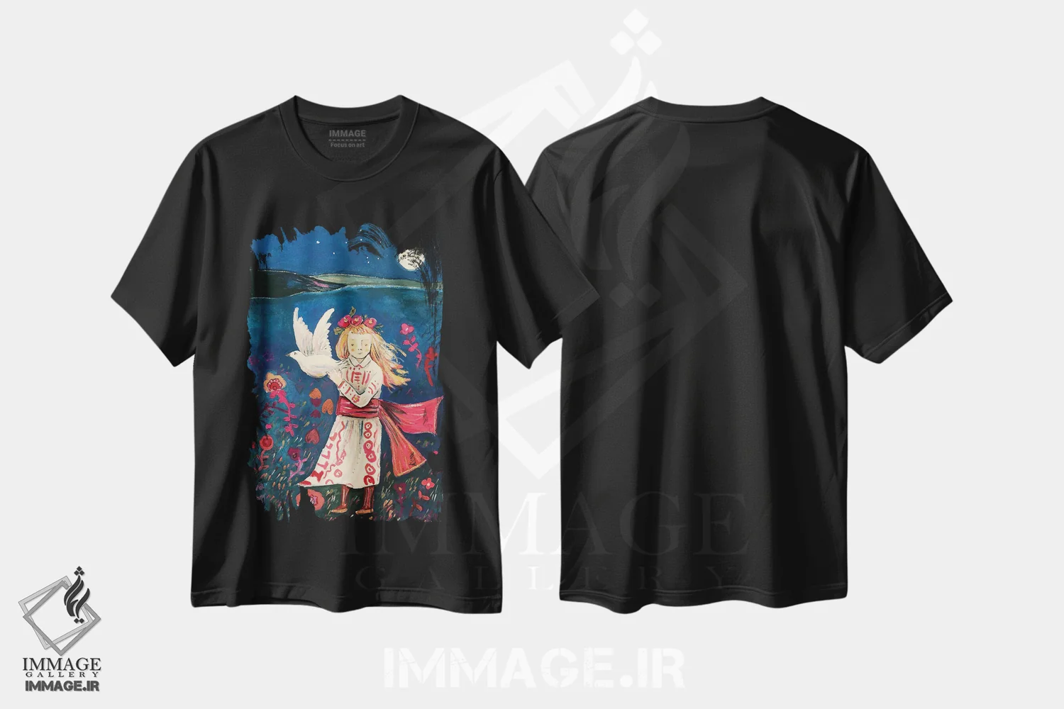 تیشرت مشکی طرح دار دختر اوکراینی با کبوتر، هنر دیجیتال اثر کلر وست وود | immage.ir