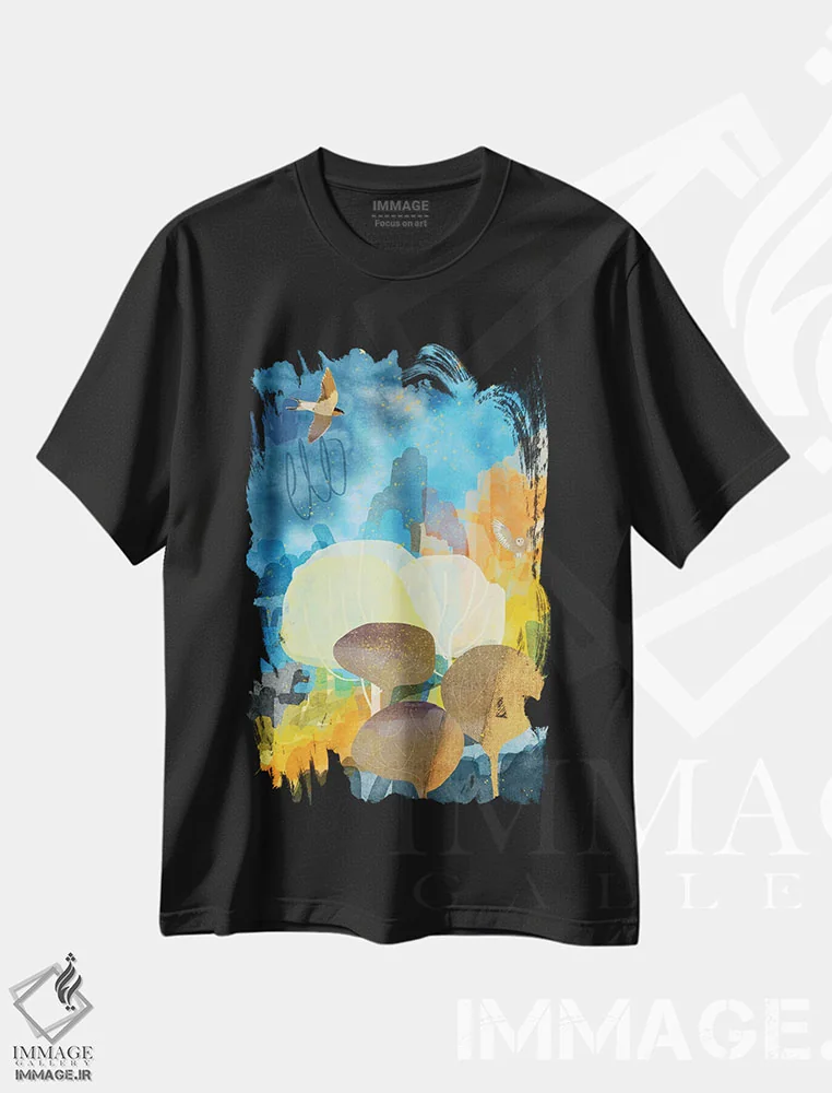 تیشرت مشکی طرح دار درختان زرد، هنر دیجیتال اثر کلر وست وود | immage.ir
