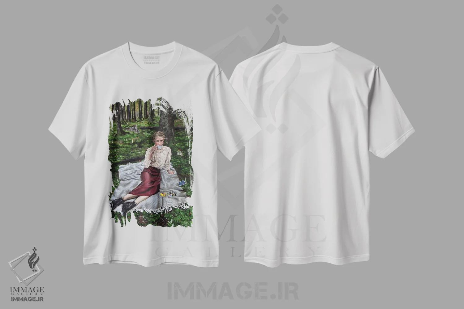 تیشرت سفید طرح دار طوفان در فنجان چای، هنر فاخر معاصر اثر کریستینا ریج وی | فروشگاه ایماژ