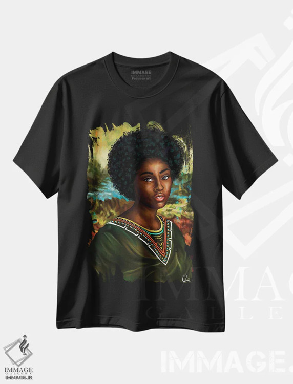 تیشرت مشکی طرح دار مونالیزای ملانین، هنر آمریکایی آفریقایی تبار اثر کریکس توور ادوین | فروشگاه ایماژ