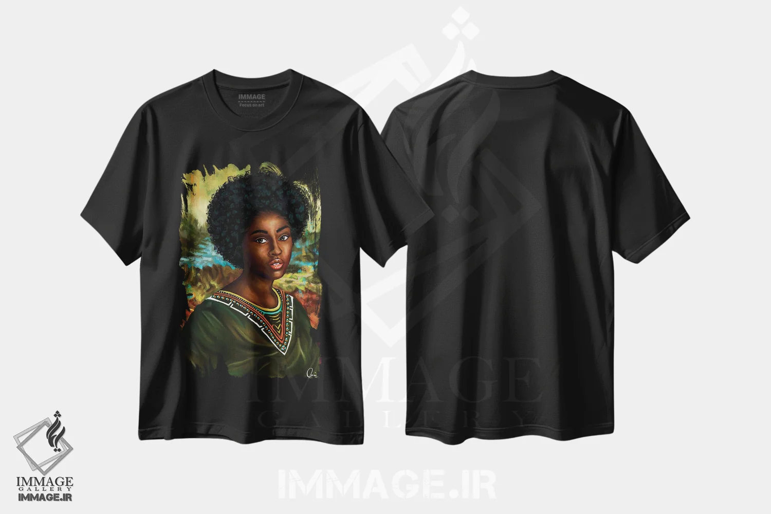 تیشرت مشکی طرح دار مونالیزای ملانین، هنر آمریکایی آفریقایی تبار اثر کریکس توور ادوین | فروشگاه ایماژ
