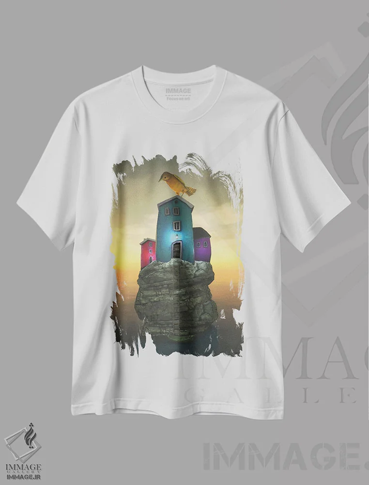 تیشرت سفید طرح دار خانهٔ پرنده، هنر فاخر معاصر اثر سینتیا دکر | immage.ir