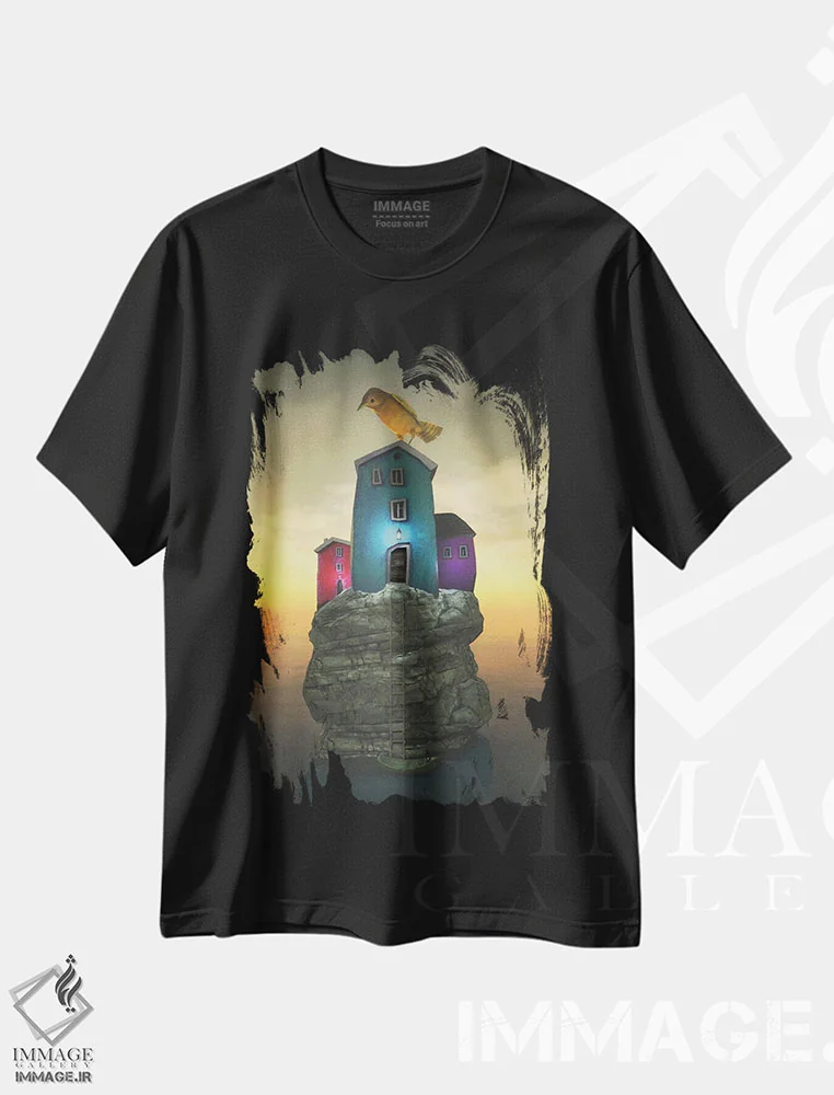تیشرت مشکی طرح دار خانهٔ پرنده، هنر فاخر معاصر اثر سینتیا دکر | فروشگاه ایماژ