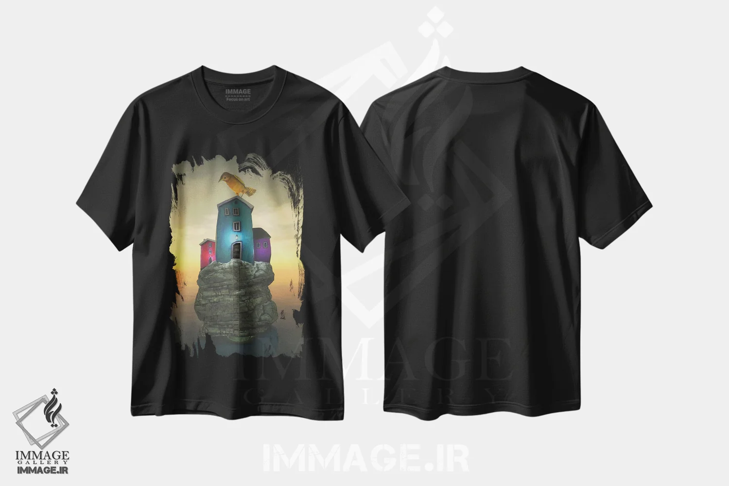تیشرت مشکی طرح دار خانهٔ پرنده، هنر فاخر معاصر اثر سینتیا دکر | فروشگاه ایماژ