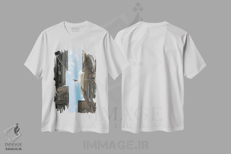 تیشرت سفید طرح دار کوچه بعدازظهر، هنر دیجیتال اثر سینتیا دکر | فروشگاه ایماژ