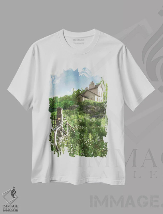 تیشرت سفید طرح دار خانه روی تپه، هنر فاخر معاصر اثر سینتیا دکر | فروشگاه ایماژ