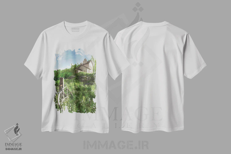 تیشرت سفید طرح دار خانه روی تپه، هنر فاخر معاصر اثر سینتیا دکر | فروشگاه ایماژ