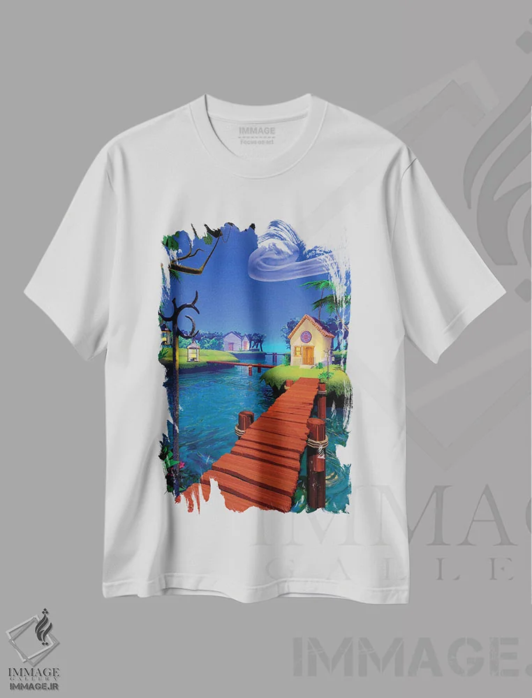 تیشرت سفید طرح دار تالاب، هنر فاخر معاصر اثر سینتیا دکر | فروشگاه ایماژ
