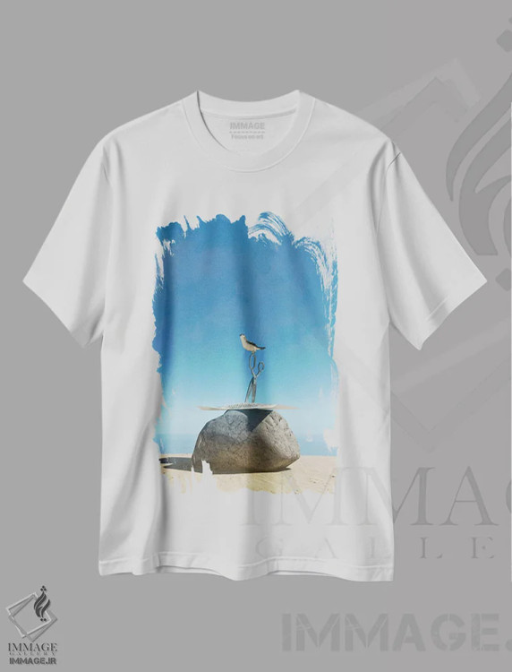 تیشرت سفید طرح دار سنگ کاغذ قیچی، هنر فاخر معاصر اثر سینتیا دکر | فروشگاه ایماژ