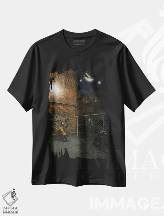 تیشرت مشکی طرح دار هنگامی که ستاره ها در شهر فرو می ریزند، هنر فاخر معاصر اثر سینتیا دکر | فروشگاه ایماژ