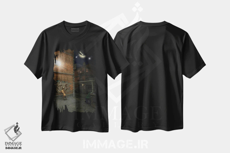 تیشرت مشکی طرح دار هنگامی که ستاره ها در شهر فرو می ریزند، هنر فاخر معاصر اثر سینتیا دکر | فروشگاه ایماژ