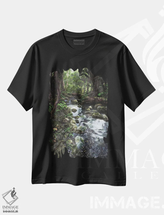 تیشرت مشکی طرح دار نهر جنگلی، هنر دیجیتال اثر سینتیا دکر | فروشگاه ایماژ