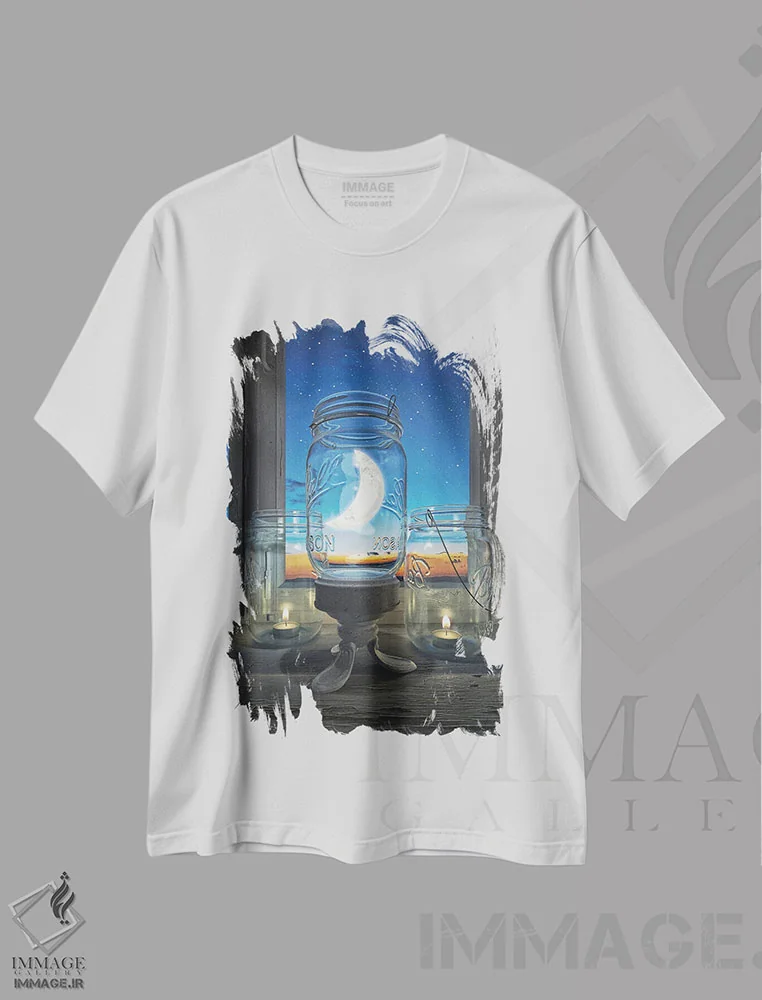 تیشرت سفید طرح دار به ماه فکر کن، هنر فاخر معاصر اثر سینتیا دکر | فروشگاه ایماژ