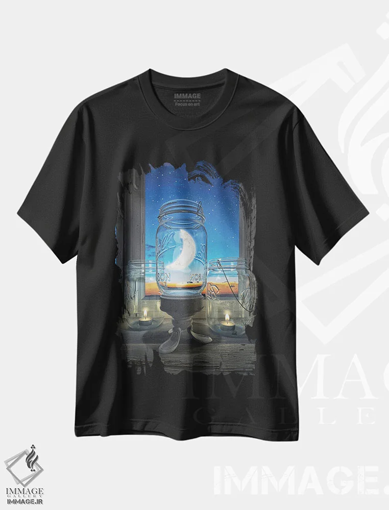 تیشرت مشکی طرح دار به ماه فکر کن، هنر فاخر معاصر اثر سینتیا دکر | immage.ir