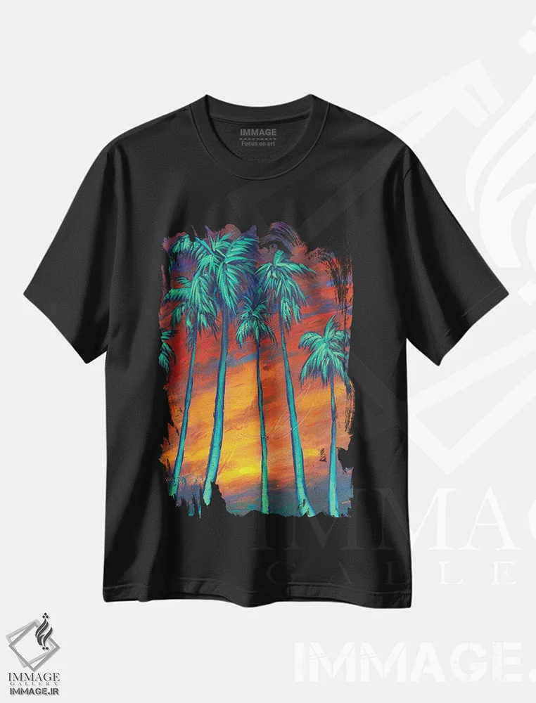 تیشرت مشکی طرح دار نخل ها در غروب، تزئینی اثر دن منیلی | فروشگاه ایماژ