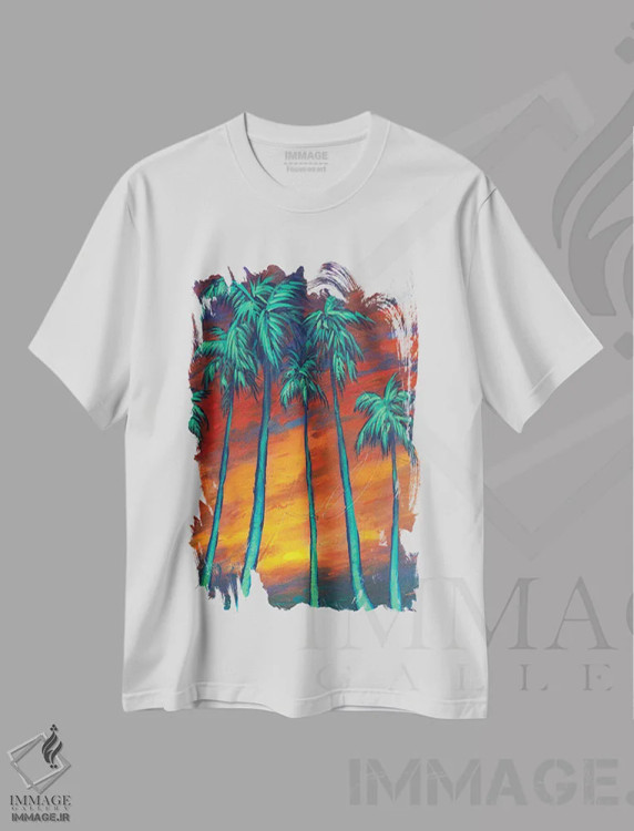 تیشرت سفید طرح دار نخل ها در غروب، تزئینی اثر دن منیلی | immage.ir