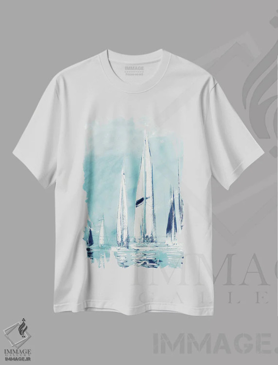 تیشرت سفید طرح دار بادبان های بلند خیالی، مدیوم اثر دن منیلی | فروشگاه ایماژ