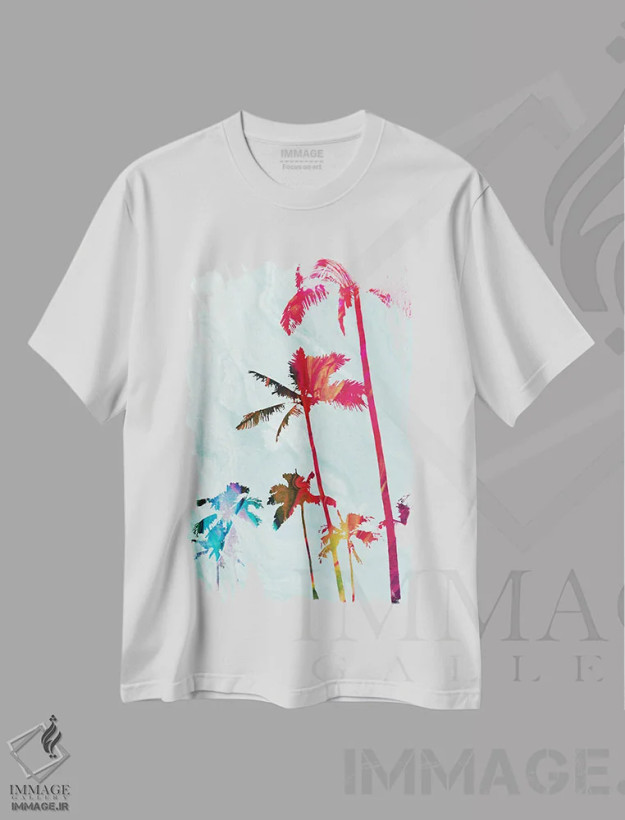 تیشرت سفید طرح دار نخل های رنگی، تزئینی اثر دن منیلی | فروشگاه ایماژ