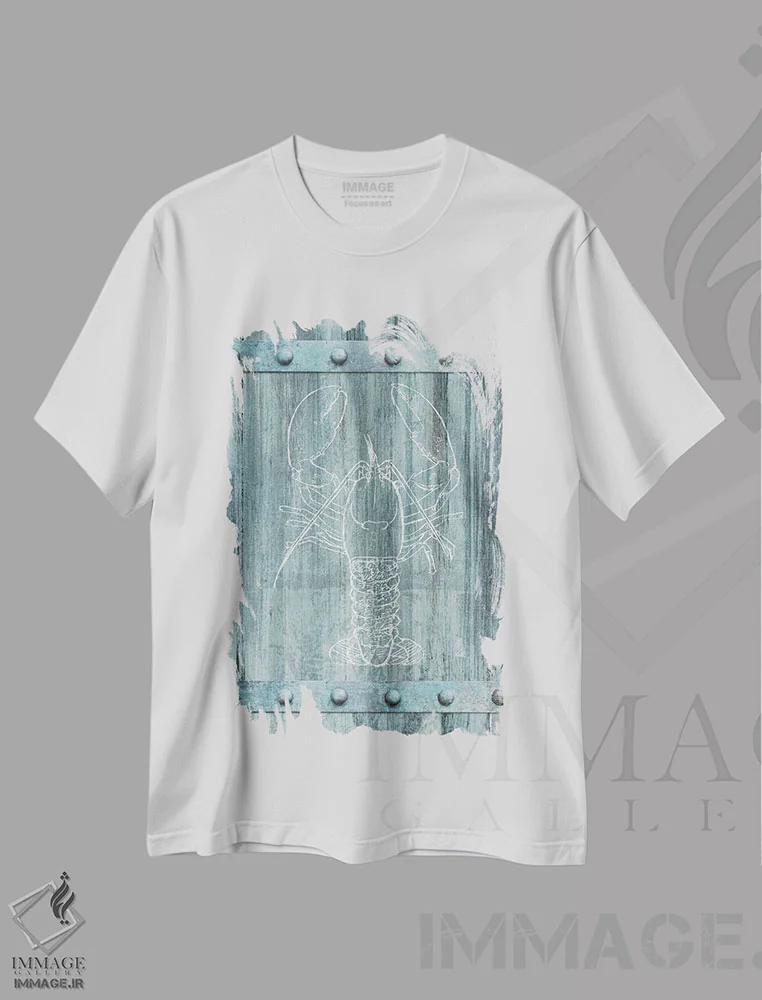 تیشرت سفید طرح دار خرچنگ سفید روی چوب آبی، تزئینی اثر دن منیلی | فروشگاه ایماژ