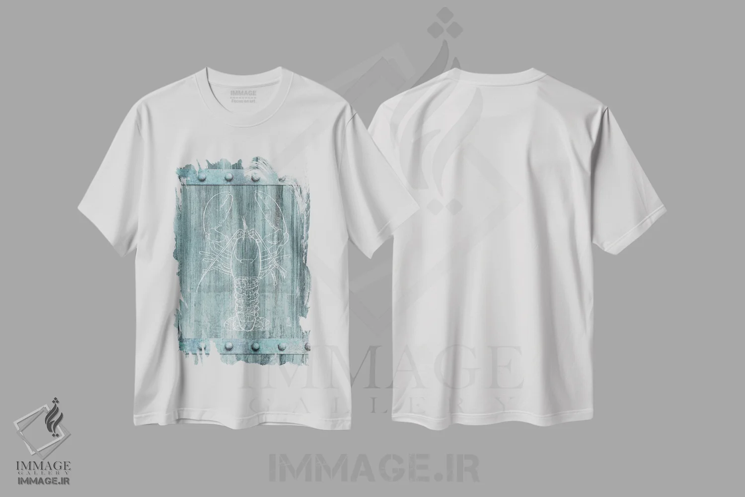 تیشرت سفید طرح دار خرچنگ سفید روی چوب آبی، تزئینی اثر دن منیلی | فروشگاه ایماژ