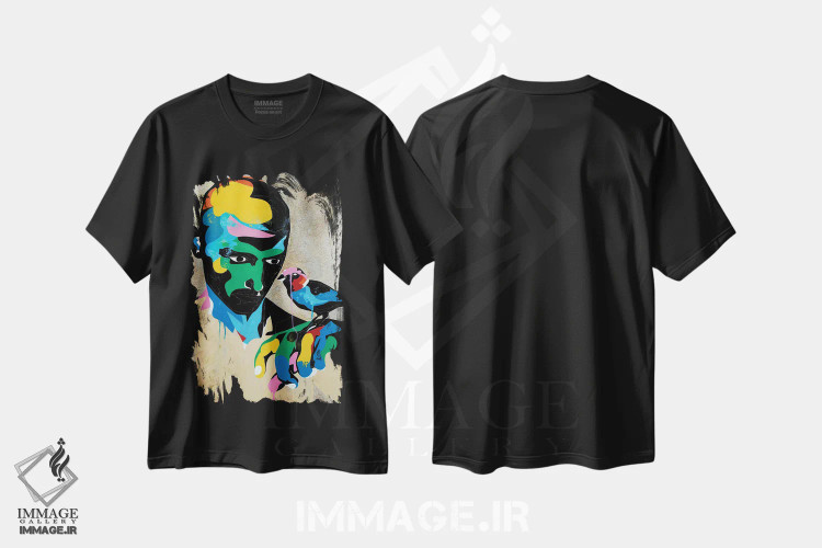 تیشرت مشکی طرح دار مطالعه ای برای پرتره با گنجشک، هنر فاخر معاصر اثر داز | immage.ir