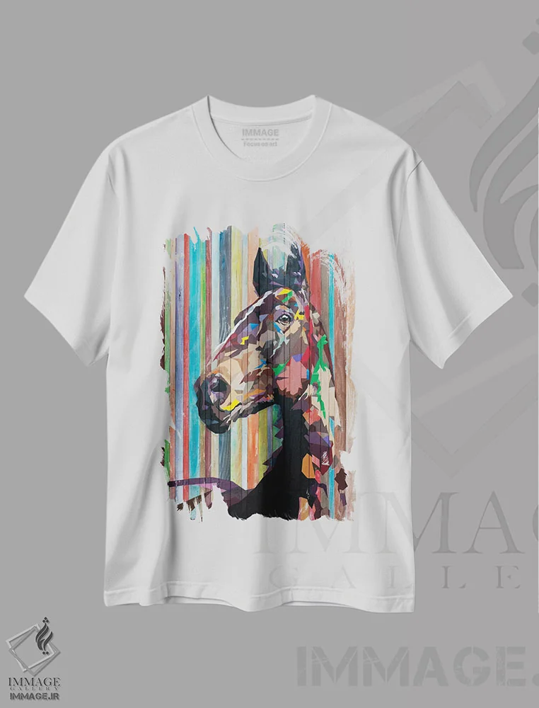 تیشرت سفید طرح دار اسب هندسی، تزئینی اثر داز | فروشگاه ایماژ