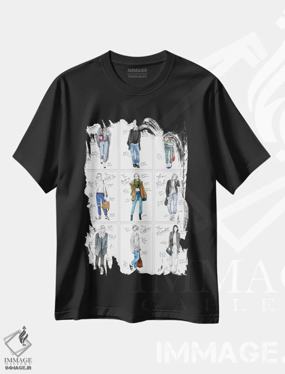 تیشرت مشکی طرح دار تمام دوست پسرها، دست نقاشی و طراحی دستی اثر امبر دی | immage.ir