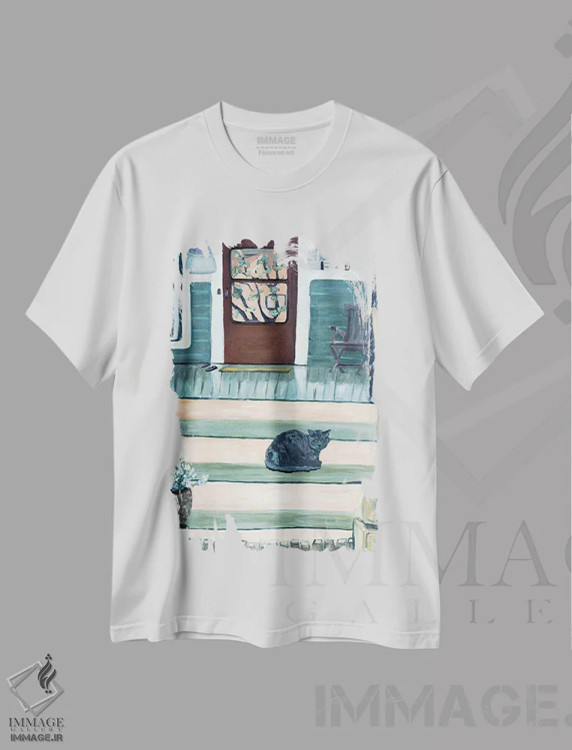 تیشرت سفید طرح دار عصر روی ایوان، مدیوم اثر دبورا ایو آلاسترا | فروشگاه ایماژ